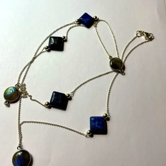 Lapis and Round Labradorite 925 Sterling Silver Station Necklace 36” - Picture 7 of 15